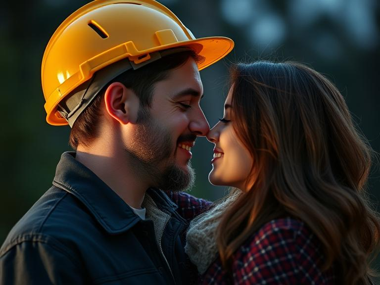 Man in hardhat and his girlfriend romantic